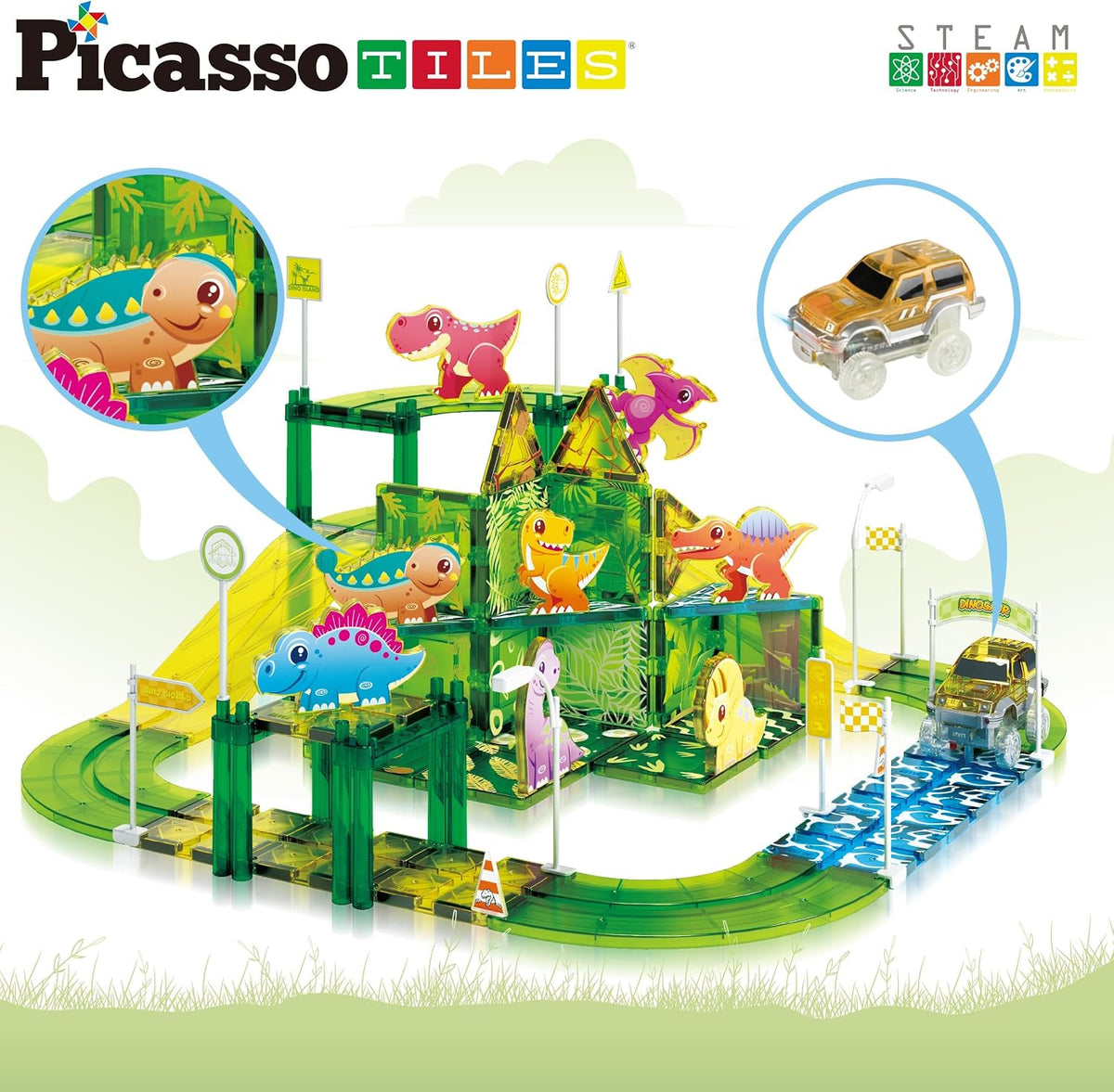 Dinosaur Magnetic Tiles Race Car Track