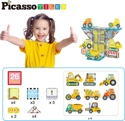 Magnetic Tiles construction set with 8 vehicles