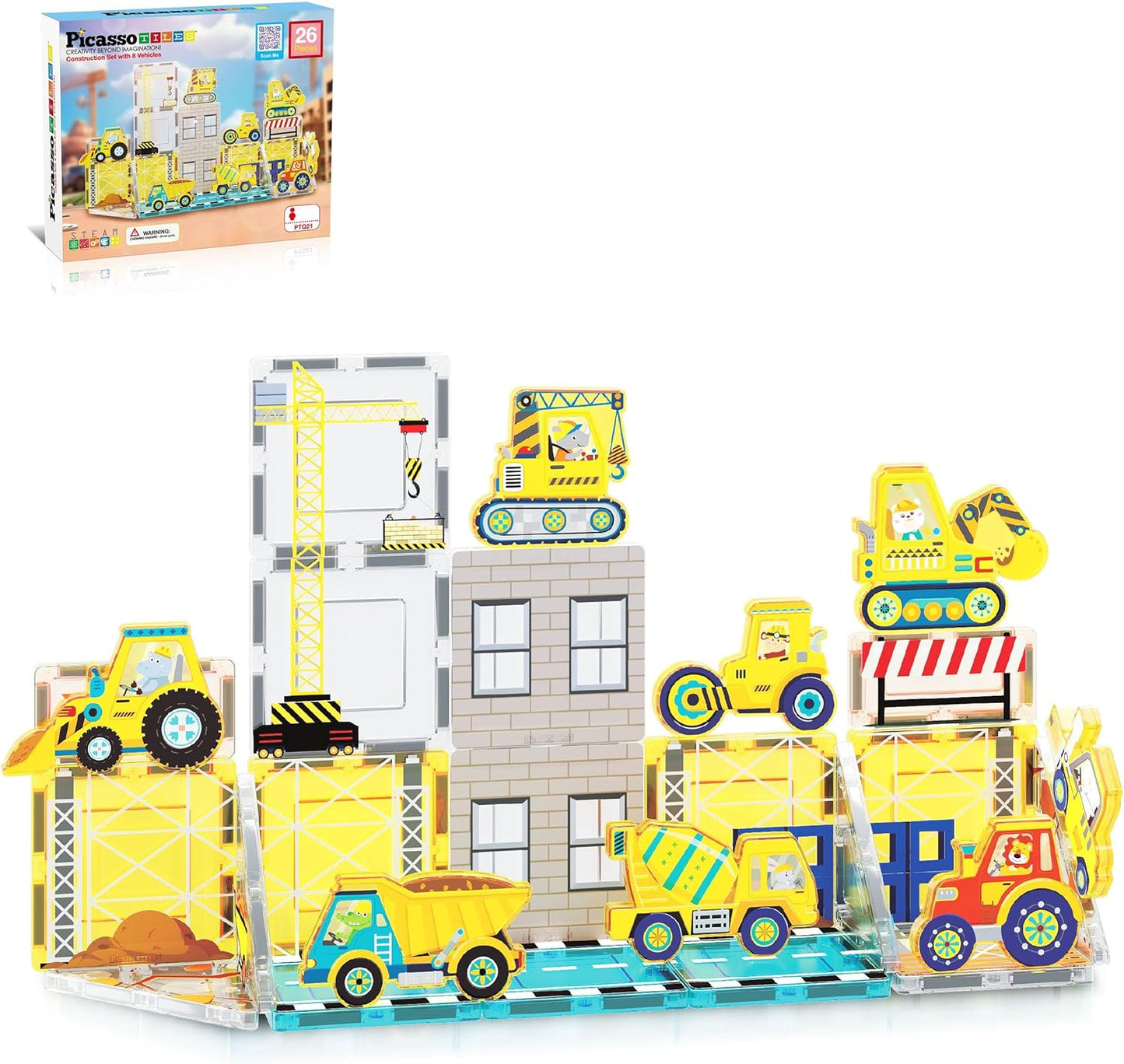 Magnetic Tiles construction set with 8 vehicles