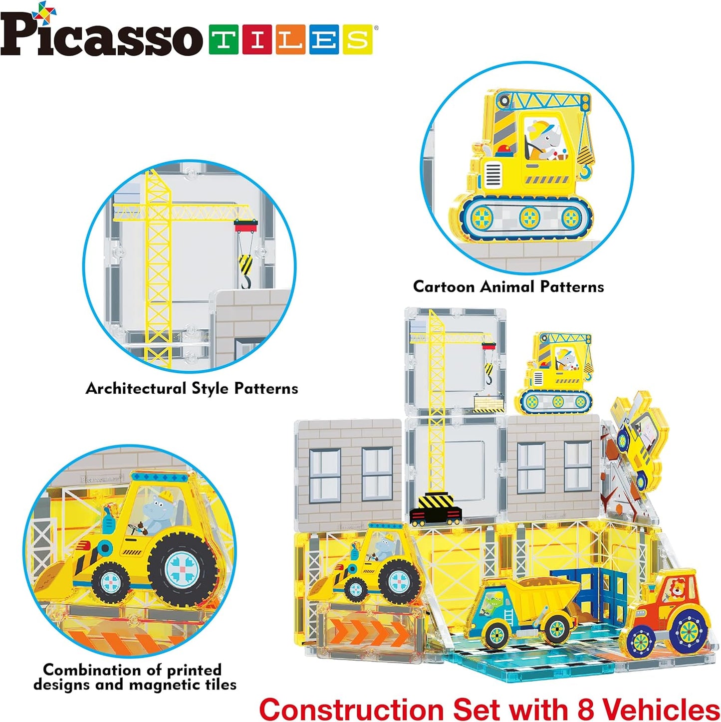 Magnetic Tiles construction set with 8 vehicles