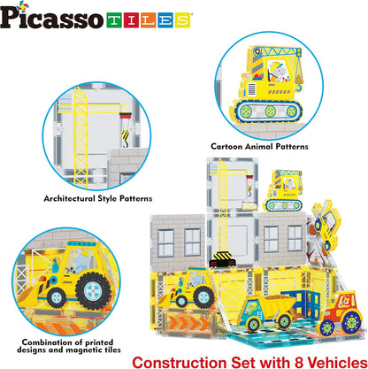 Magnetic Tiles construction set with 8 vehicles