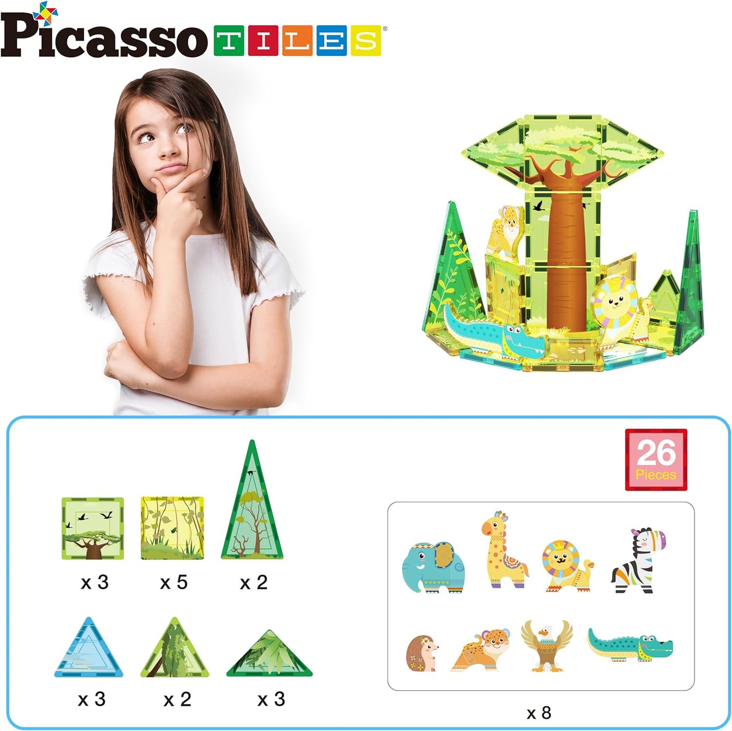 Magnetic tiles safari set with 8 animals