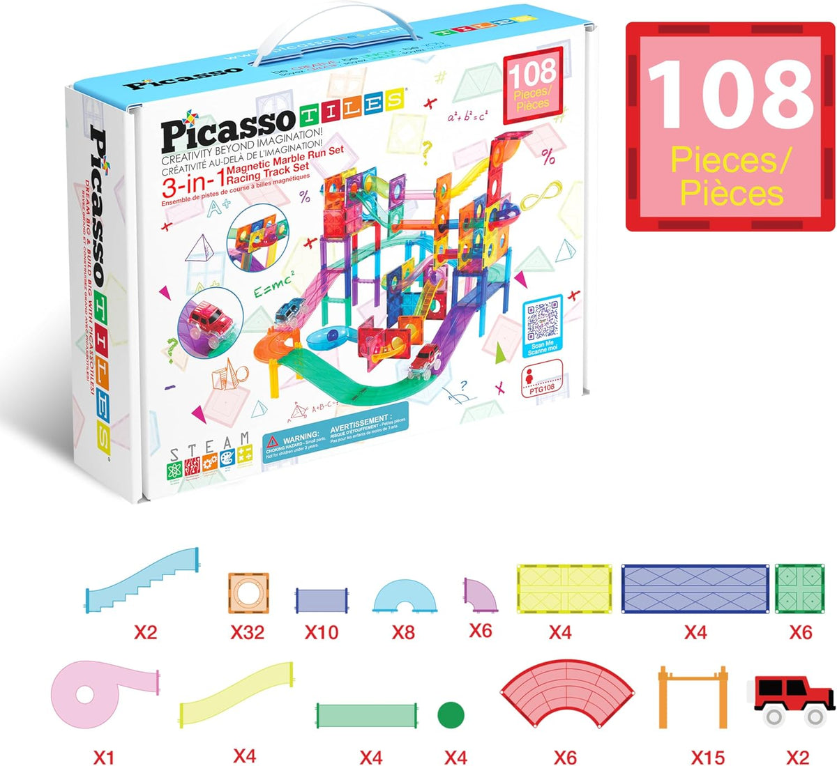 PicassoTiles 108 Piece Marble Run Race Track Set with LED Cars STEM