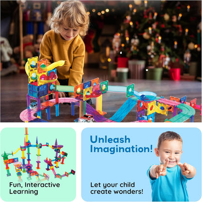 PicassoTiles 108 Piece Marble Run Race Track Set with LED Cars STEM