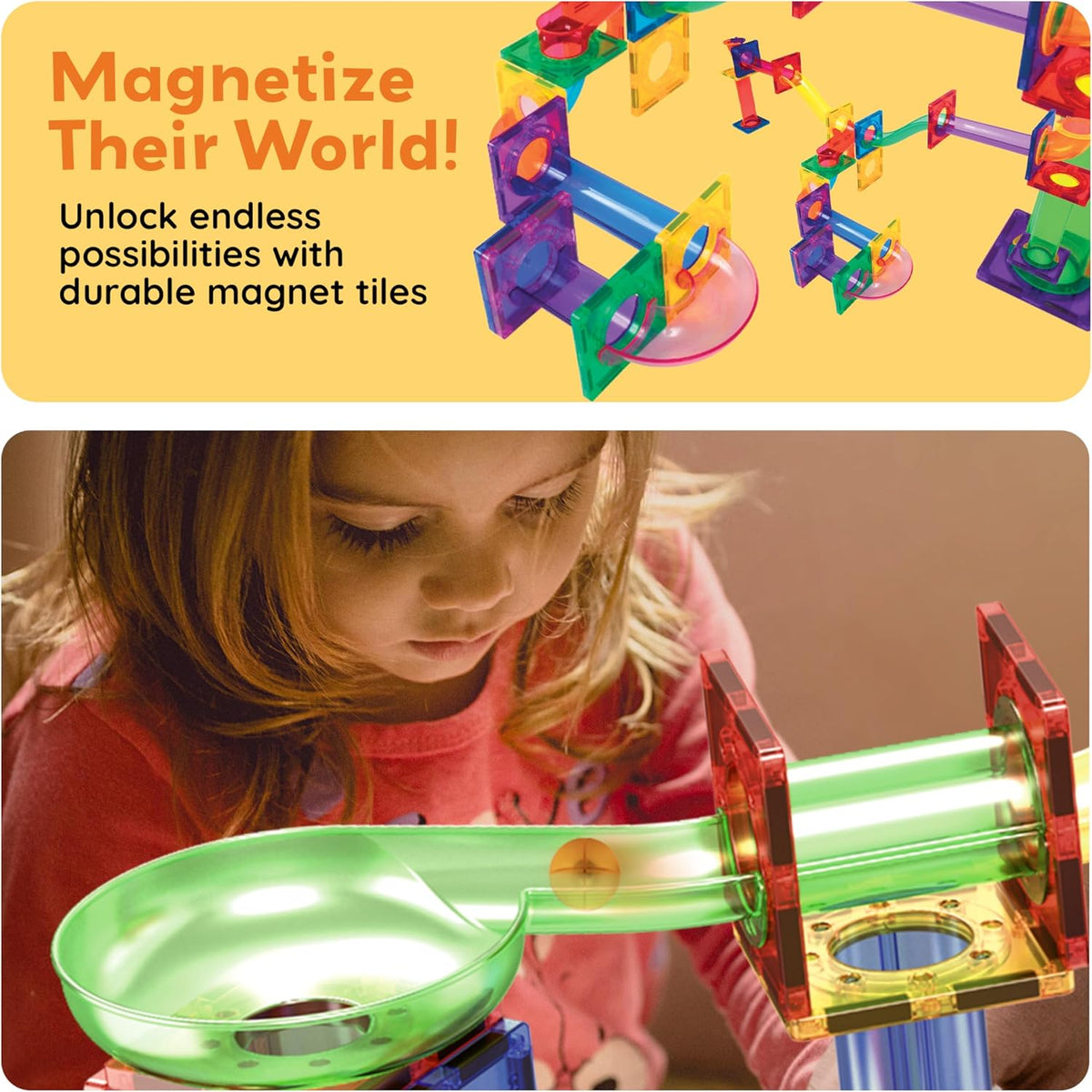 PicassoTiles 108 Piece Marble Run Race Track Set with LED Cars STEM