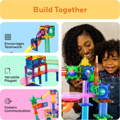 PicassoTiles 108 Piece Marble Run Race Track Set with LED Cars STEM