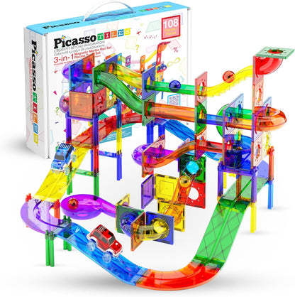 PicassoTiles 108 Piece Marble Run Race Track Set with LED Cars STEM